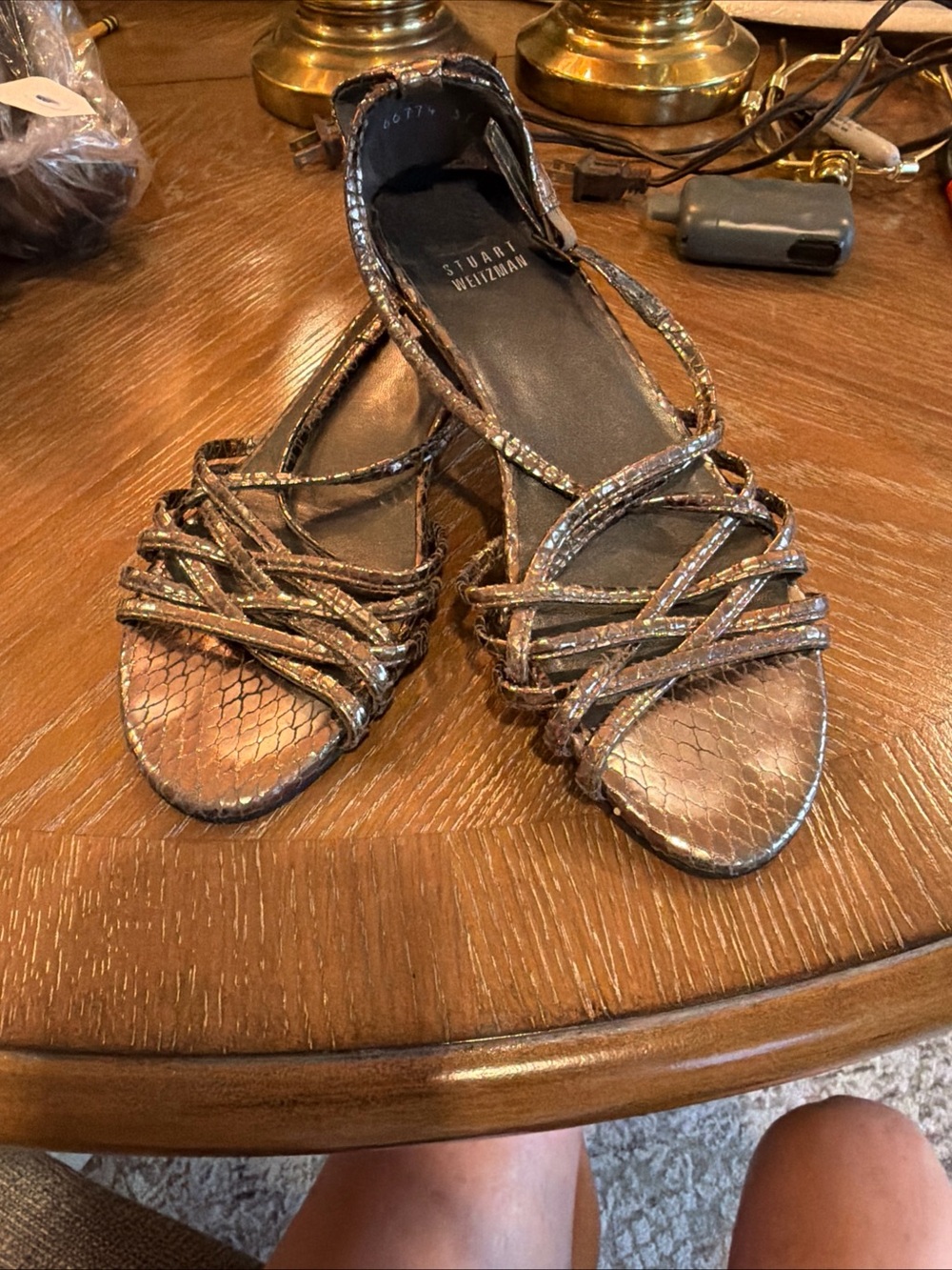 Stuart Weitzman Bronze Metallic Snake-Embossed Strappy Sandals
